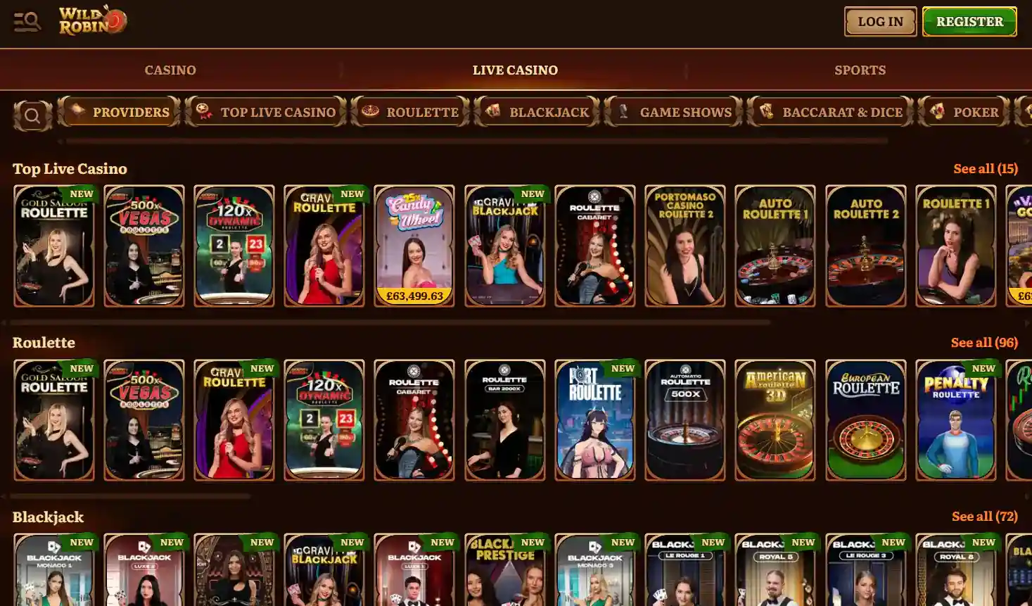 WildRobin live casino lobby showing live table categories