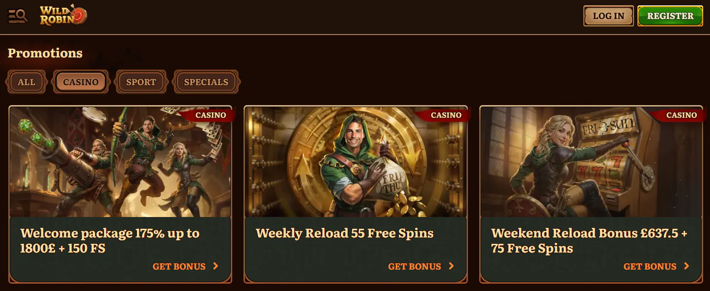 Current WildRobin casino promotions page showing the welcome package and recurring casino offers