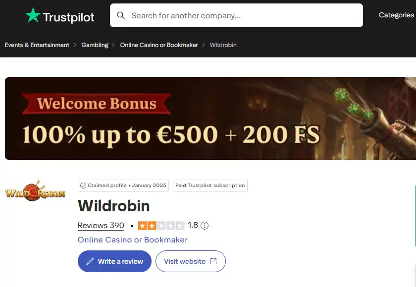Current WildRobin Trustpilot overview showing aggregate review score and rating distribution