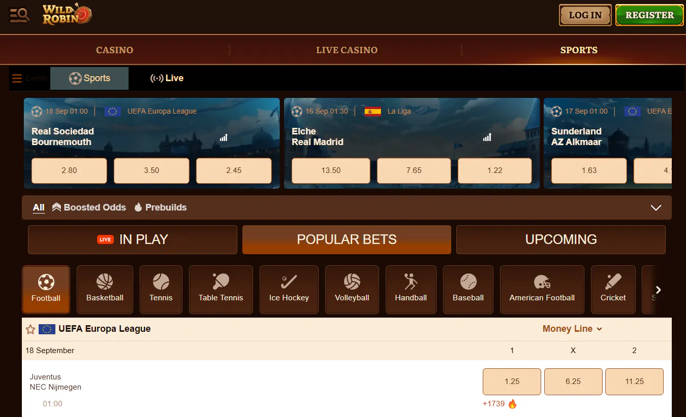 WildRobin official sportsbook interface showing sports and live betting navigation