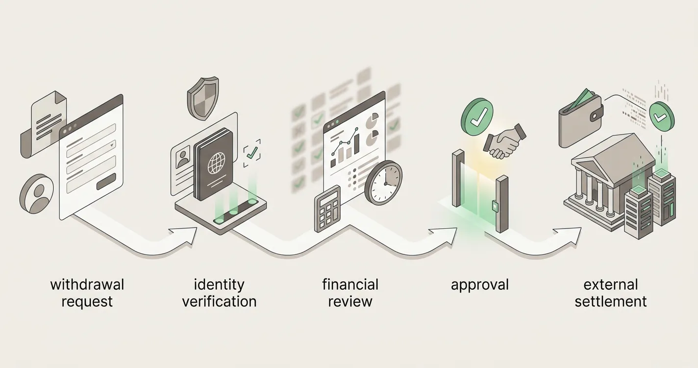 Illustration of a casino withdrawal moving through request, verification, review, approval and settlement stages