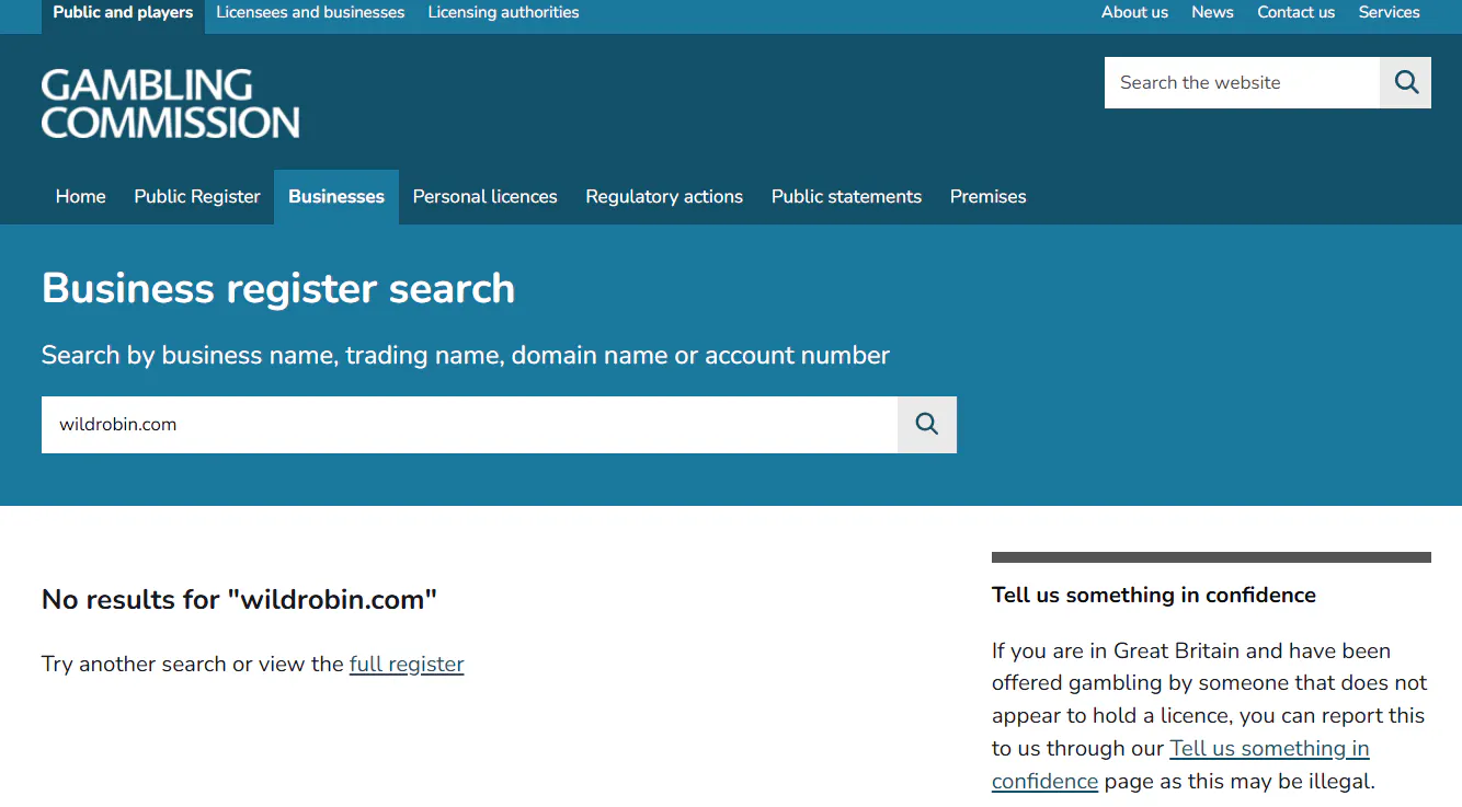 UK Gambling Commission public business register used to check WildRobin licensing