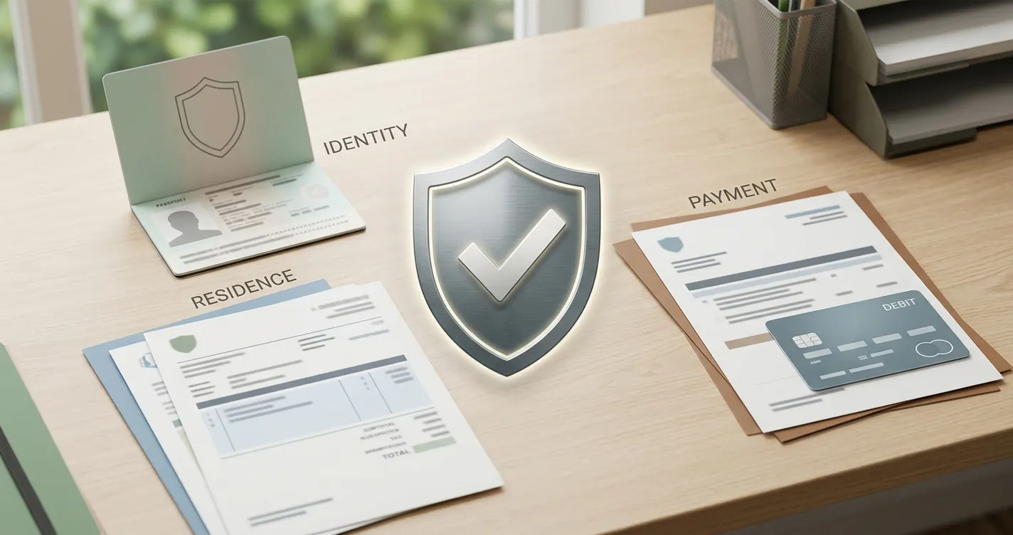 Conceptual document verification checklist representing identity, residence and payment-method evidence