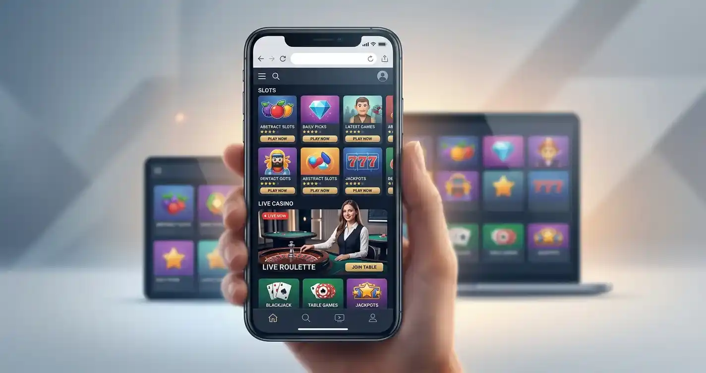 Concept illustration of a smartphone showing a generic mobile casino browser with slots and live-game categories
