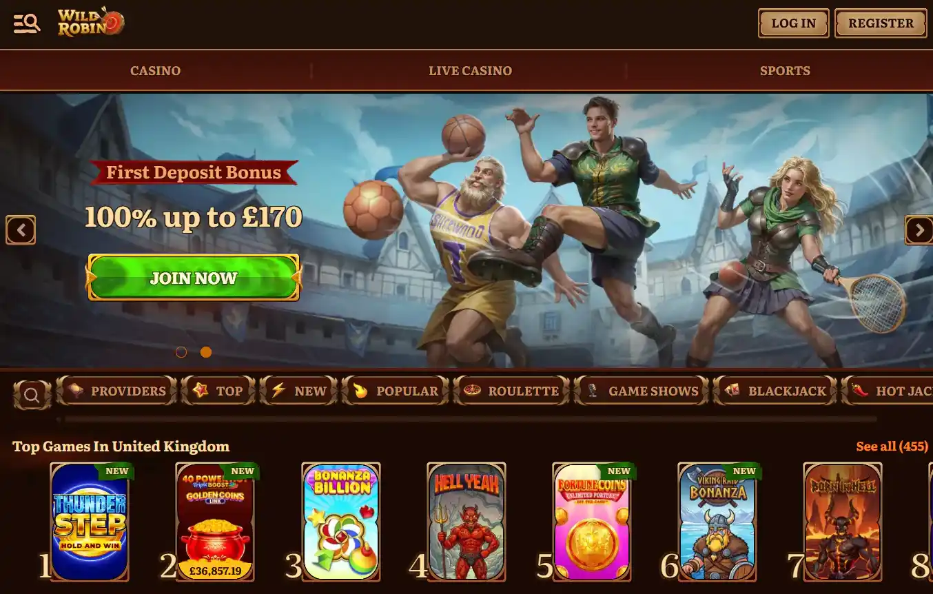 WildRobin official homepage interface for a UK-focused casino review