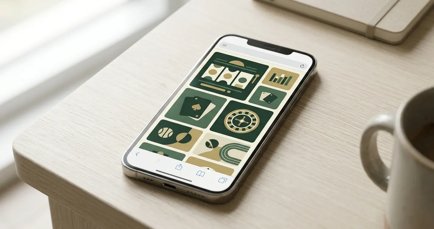 Conceptual phone showing generic casino categories for mobile-browser play